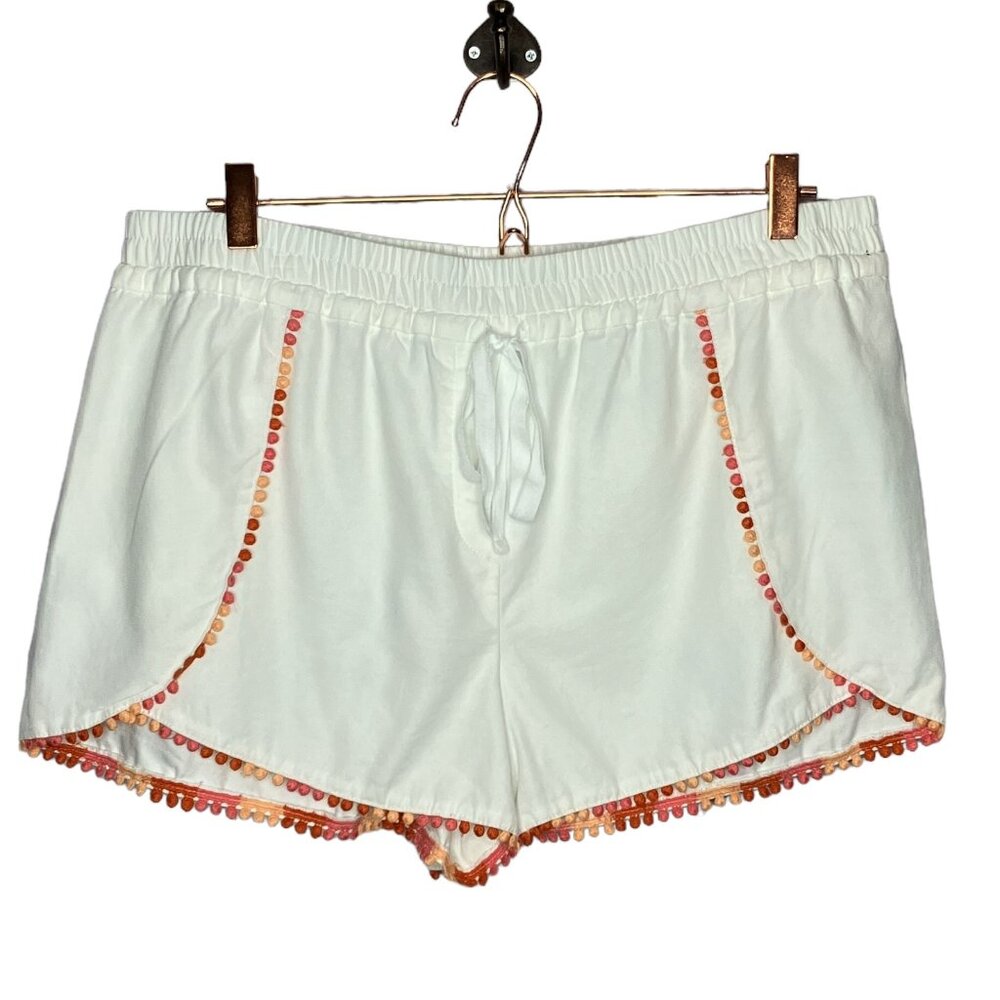 Ann Taylor LOFT Outlet Large L White Orange‎ Pom Pom Pull On Drawstring Shorts